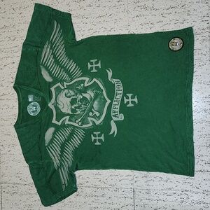 Affliction American Customs Full Graphic Spell Out T Shirt Green And Gray
